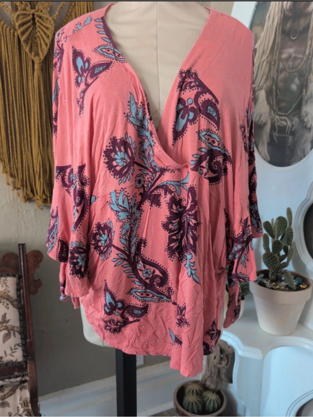 Free People Coral Pink Floral Paisley V-Neck Tunic